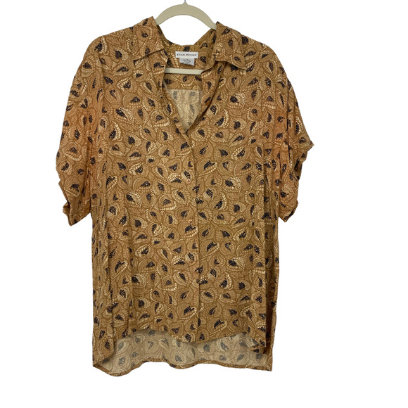 Evan Picone Tops - EVAN PICONE GOLDEN BROWN WITH WHITE & BLACK PINNATE LEAF DESIGN TOP SIZE 14